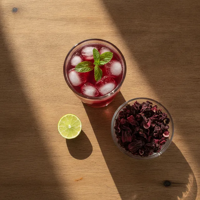 Verre de bissap rouge glacé avec menthe, coupelle de fleurs d'hibiscus séchées et rondelle de citron vert sur une table en bois