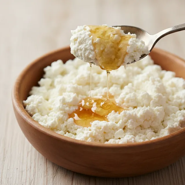 Bol de ricotta fraiche avec une cuillere et un filet de miel qui coule