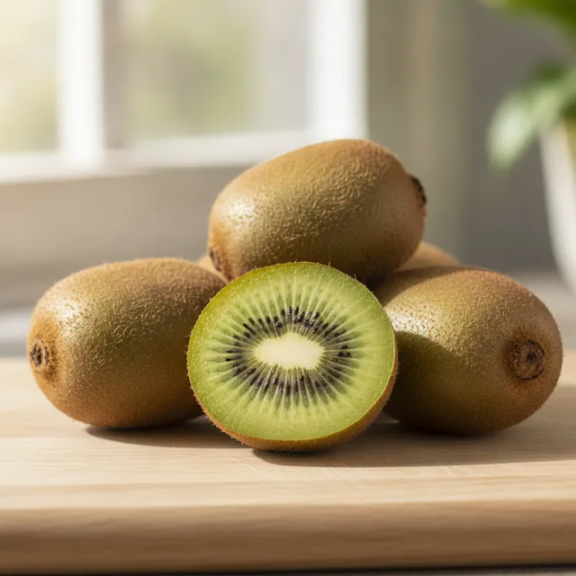 Kiwis verts frais dont un coupé en deux montrant sa chair verte et ses graines noires, sur une planche en bois clair