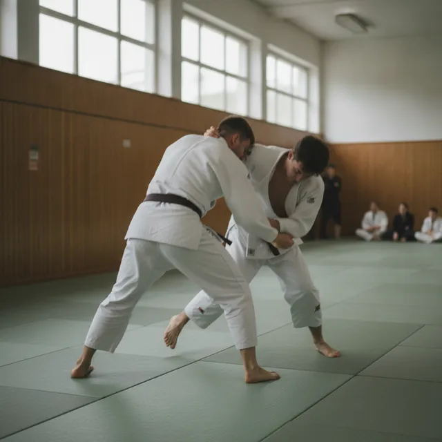 Deux judokas en judogi blanc s'entraînent à une projection sur un tatami vert dans un dojo