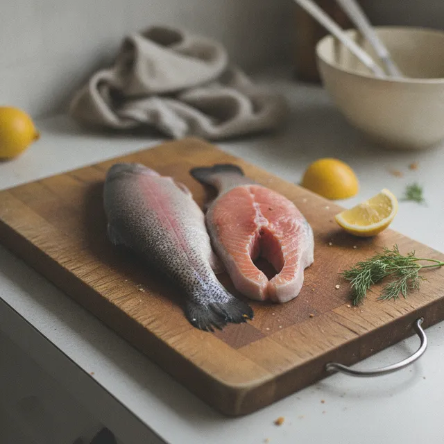 Deux filets de truite rose crue sur une planche en bois avec un citron et de l'aneth