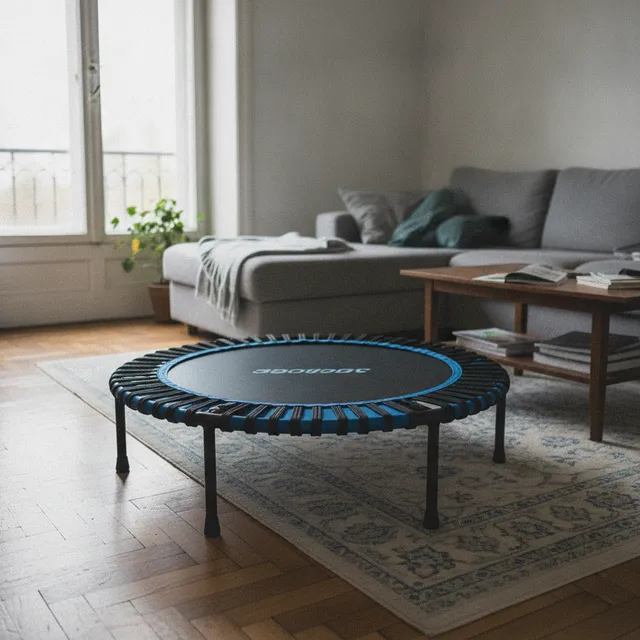 Un mini-trampoline de fitness rond posé dans un salon, sur un tapis, lumière du jour