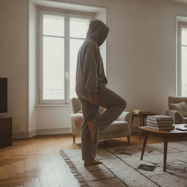 Personne en tenue décontractée tenant en équilibre sur une seule jambe dans un salon clair, pieds nus sur le parquet