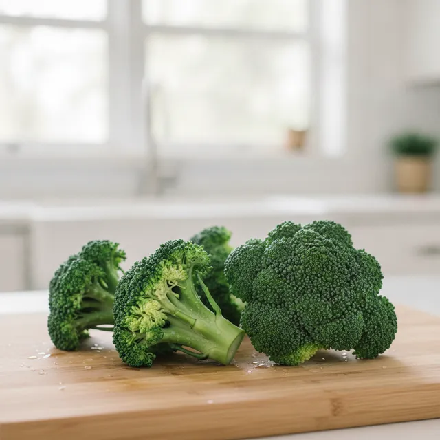 Bouquets de brocoli frais bien verts sur une planche en bois clair
