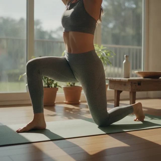 Personne en fente basse sur un tapis, genou au sol, étirement du psoas et de la hanche dans un salon lumineux