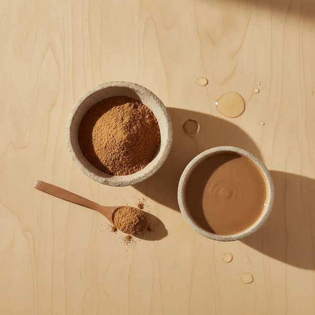 Bol de poudre de ghassoul brun-ocre, cuillère en bois et bol de pâte d'argile mélangée à l'eau, vue de dessus sur table en bois