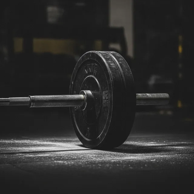 Barre d'haltérophilie olympique chargée de disques posée sur le sol d'une salle de sport