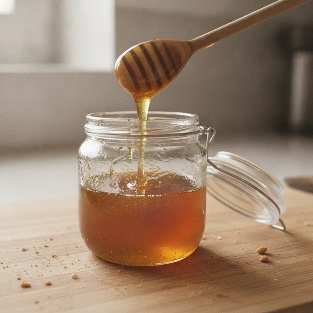 Pot de miel d'acacia ouvert avec une cuillère en bois qui coule de miel doré, sur un plan de travail en bois
