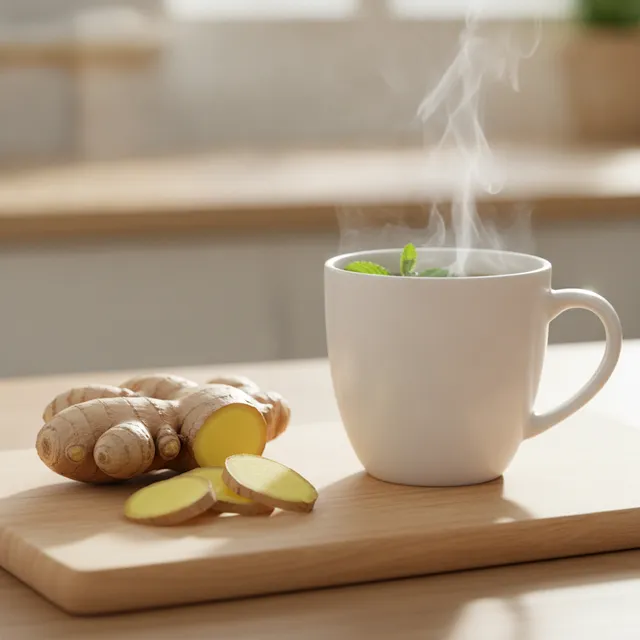 Racine de gingembre frais et tranches sur une planche en bois avec une tasse d'infusion