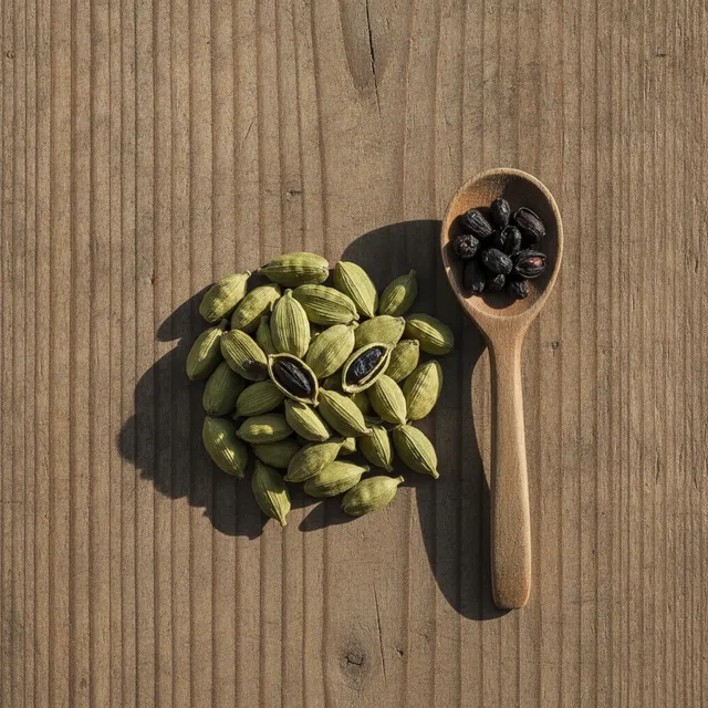 Gousses de cardamome verte en tas sur une planche en bois, certaines fendues, a cote d'une cuillere en bois remplie de graines noires