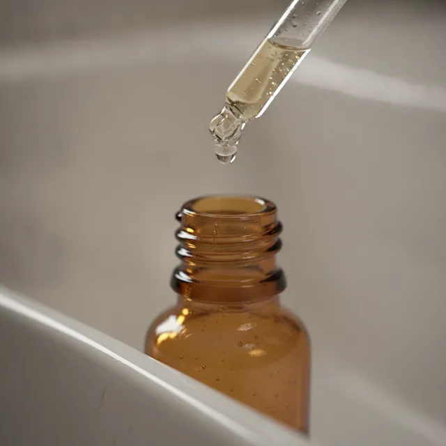 Pipette de sérum cosmétique libérant une goutte au-dessus d'un flacon ambré sur un rebord de lavabo