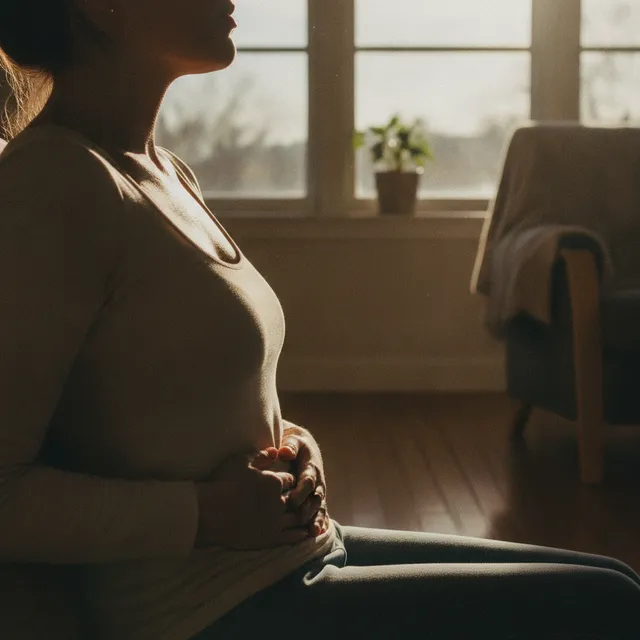 Personne assise près d'une fenêtre ensoleillée, une main posée sur le ventre, en train de respirer lentement et calmement
