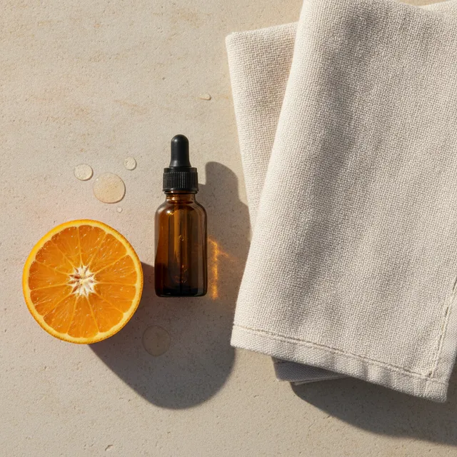 Flacon compte-gouttes ambré de sérum à la vitamine C posé sur une tablette de salle de bain, à côté d'une demi-orange et d'une serviette pliée