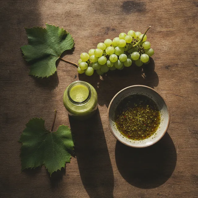 Petite bouteille de verjus, grappe de raisins verts et bol de vinaigrette sur une table en bois