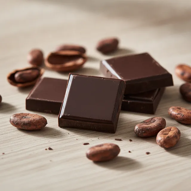 Carrés de chocolat noir et fèves de cacao sur une table claire