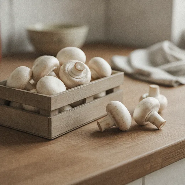 Cagette de champignons de Paris blancs et frais sur un plan de travail en bois