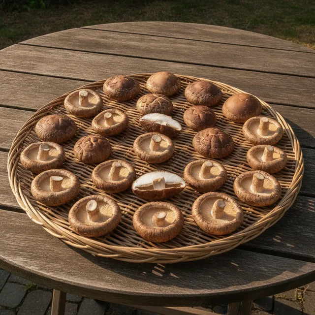 Champignons shiitakes lamelles vers le ciel, en train de sécher au soleil sur une claie d'osier posée sur une table de jardin