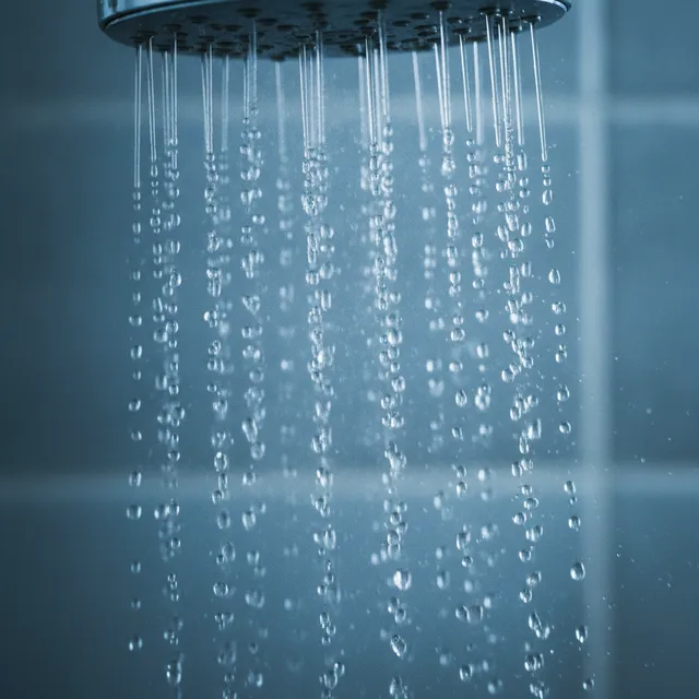 Eau froide jaillissant d'une pomme de douche chromée dans une salle de bain aux tons bleutés