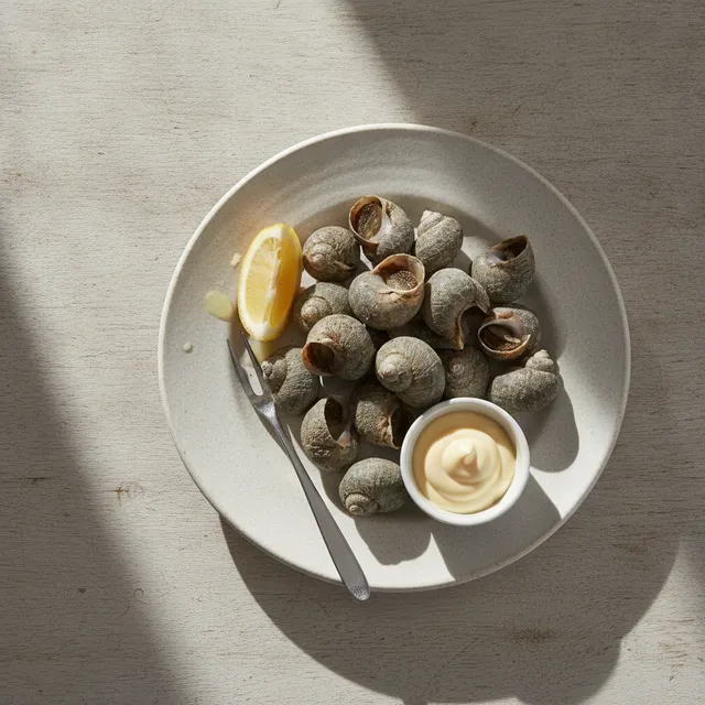 Assiette de bulots cuits dans leur coquille, citron, petite fourchette et mayonnaise