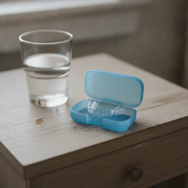 Gouttière dentaire transparente dans sa boîte ouverte sur une table de chevet, à côté d'un verre d'eau