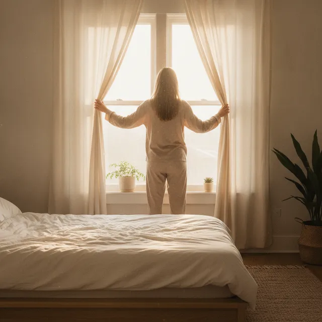 Personne ouvrant les rideaux le matin, lumière naturelle entrant dans la chambre