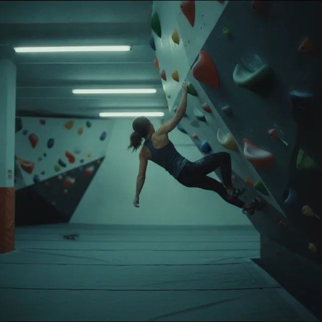 Une grimpeuse sur un mur de bloc en salle, main sur une prise de resine