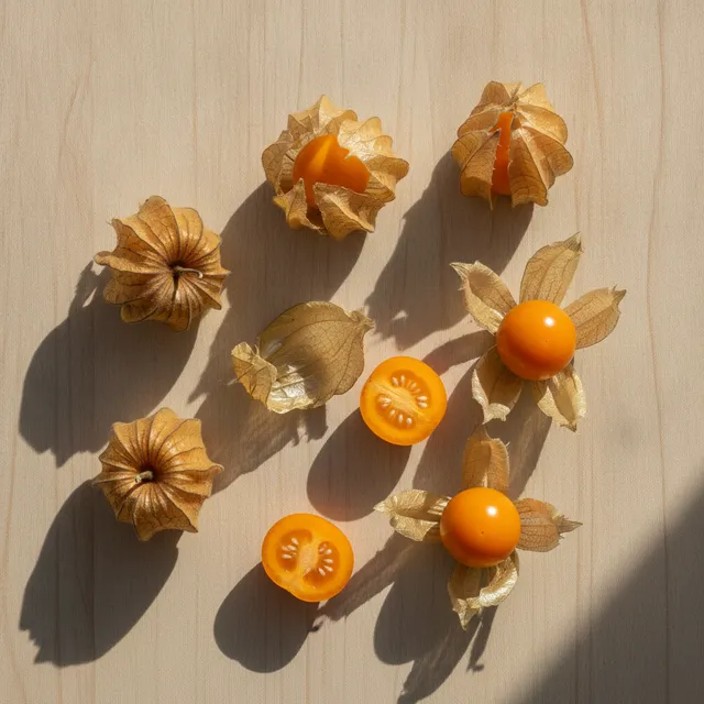 Physalis oranges, certains encore dans leur enveloppe de papier séchée, posés sur une table en bois
