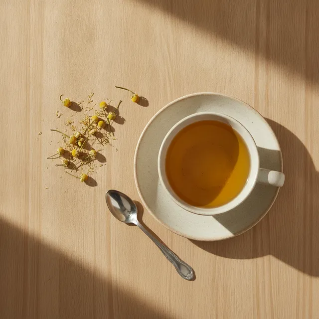 Tasse d'infusion de camomille dorée et fleurs de camomille séchées sur une table en bois