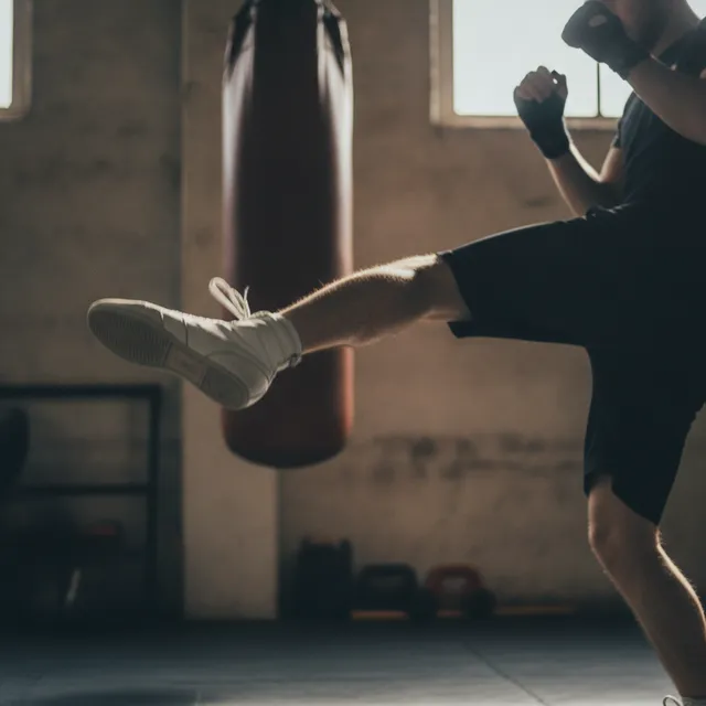 Pratiquant de savate boxe française décochant un coup de pied fouetté, chausson montant à semelle plate, sac de frappe en arrière-plan