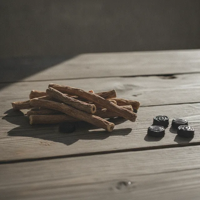 Bâtons de racine de réglisse séchée et bonbons noirs sur une table en bois