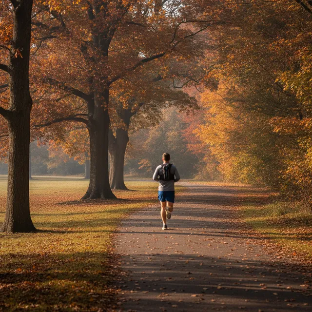 Un coureur de dos accélère sur un chemin de parc bordé d'arbres aux couleurs d'automne