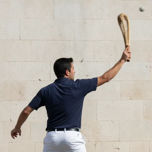 Joueur de pelote basque lançant la balle avec sa chistera en osier contre le mur d'un fronton