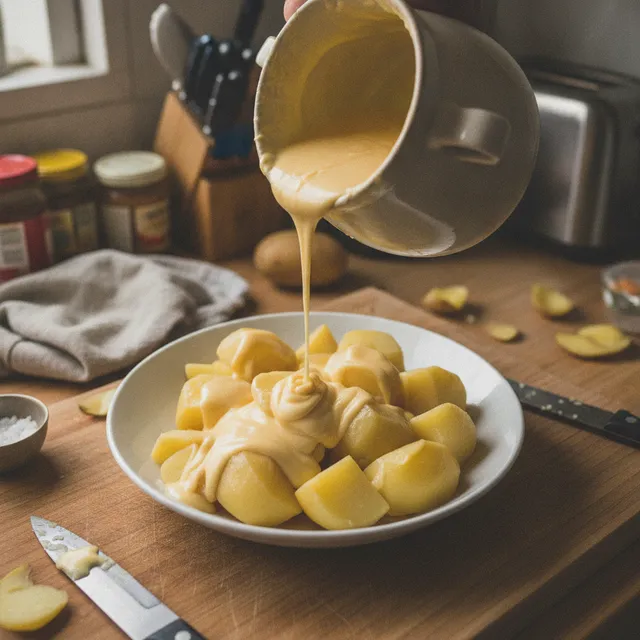 Cancoillotte fondue versée sur des pommes de terre vapeur dans une assiette