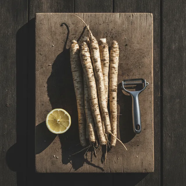 Racines de salsifis crus encore terreuses sur une planche en bois, avec un demi-citron et un couteau économe