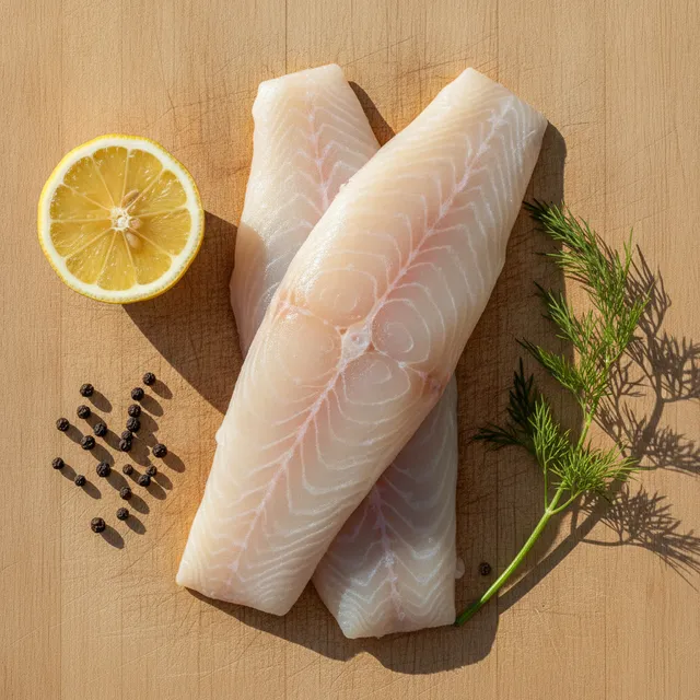 Deux filets de cabillaud cru nacrés sur une planche en bois, avec un demi-citron, des grains de poivre et un brin d'aneth