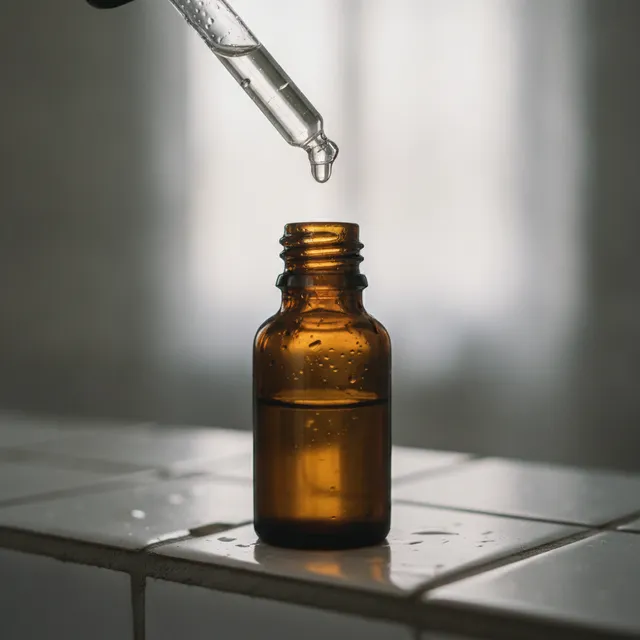 Pipette de sérum laissant tomber une goutte au-dessus d'un flacon ambré sur un rebord de lavabo