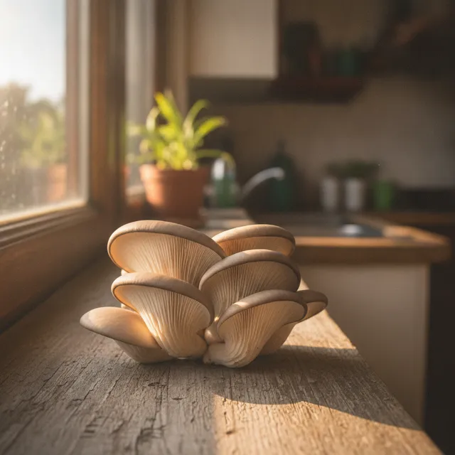 Pleurotes gris frais posés sur un rebord de fenêtre ensoleillé dans une cuisine
