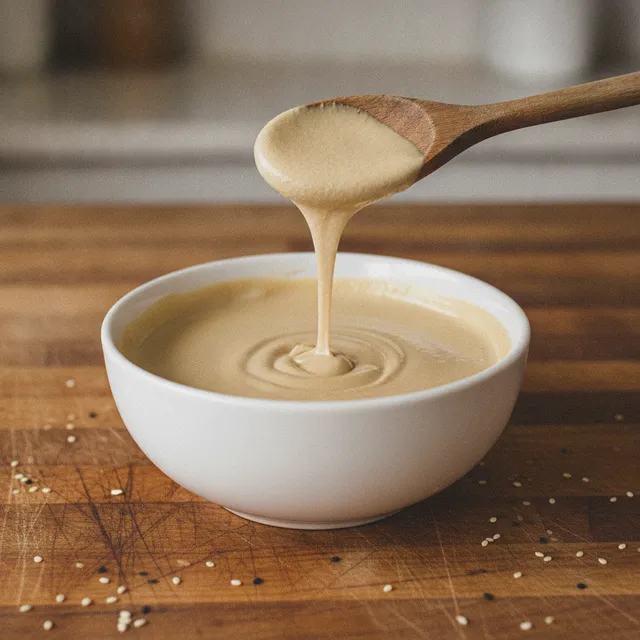 Bol de tahin, purée de sésame crémeuse, avec une cuillère en bois et des graines de sésame