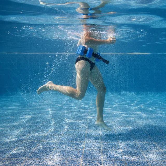 Vue sous l'eau d'une personne pratiquant l'aquajogging avec une ceinture de flottaison dans une piscine