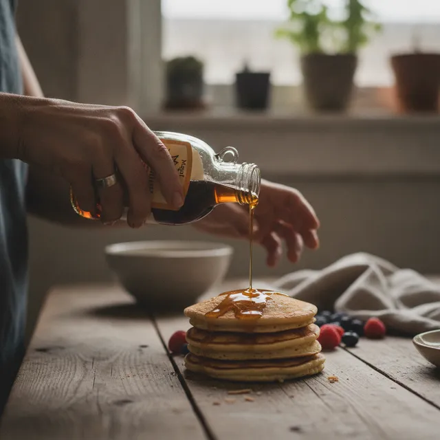 Une main verse du sirop d'érable ambré sur une pile de pancakes sur une table en bois