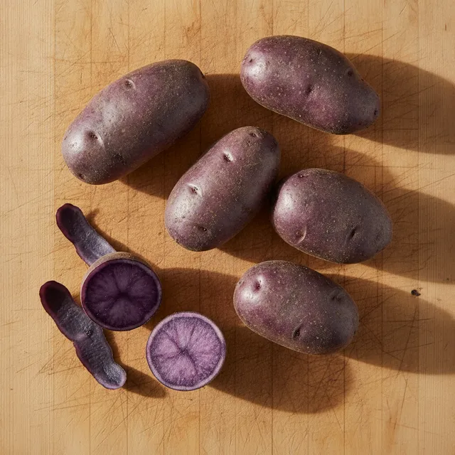 Pommes de terre vitelotte entières et coupées montrant leur chair violette, sur une planche en bois