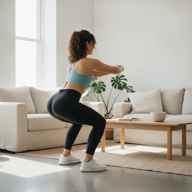 Une personne effectuant un squat poids du corps dans un salon lumineux