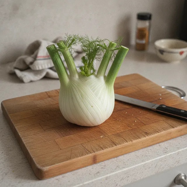 Bulbe de fenouil frais avec ses fanes vertes posé sur une planche à découper en bois dans une cuisine