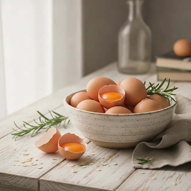 Des oeufs frais bruns dans un bol en céramique sur une table en bois clair