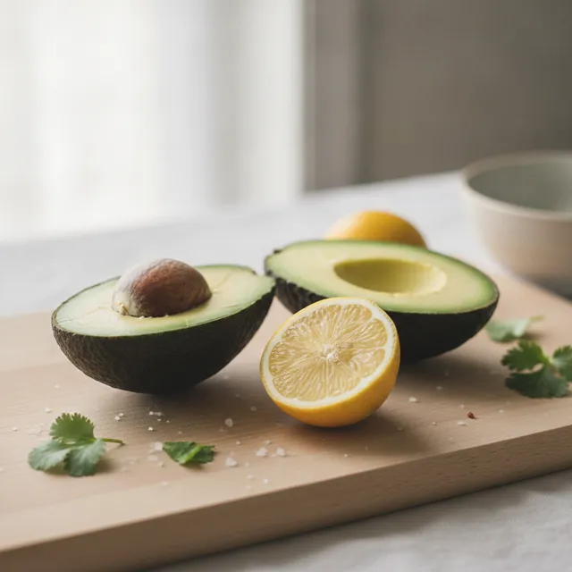 Deux moitiés d'avocat mûr avec un demi-citron sur une planche en bois clair