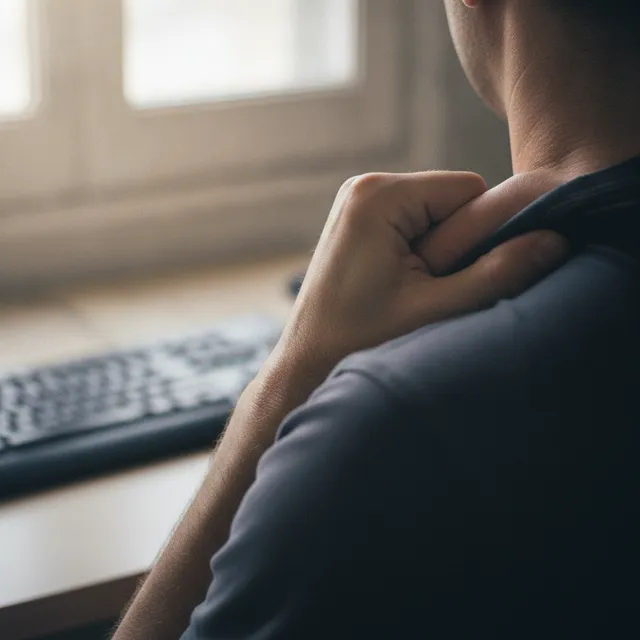 Une main pétrit le muscle du trapèze entre le cou et l'épaule au-dessus d'un clavier