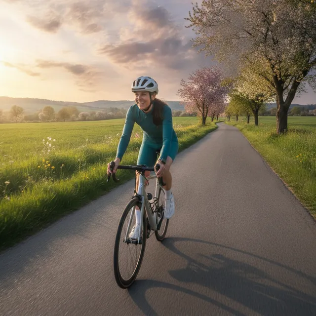 Une personne adulte avec un casque pedalant sur un velo le long d'une route de campagne ensoleillee