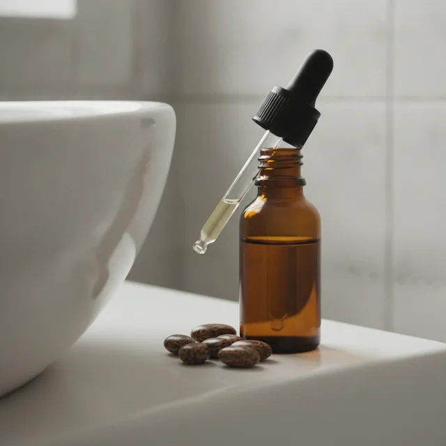 Flacon en verre ambre d'huile de ricin avec pipette et graines de ricin sur un rebord de lavabo