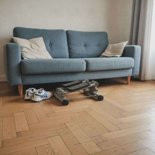 Un mini-stepper d'appartement posé sur le parquet d'un salon, devant un canapé, à côté d'une paire de baskets