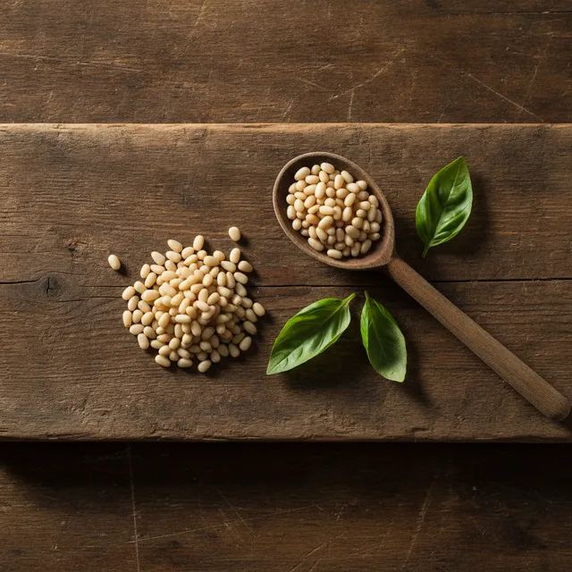 Pignons de pin crus, cuillère en bois et feuilles de basilic sur une planche en bois brut